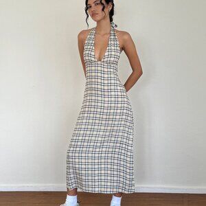 BNWT Motel Rocks Lenata Halterneck Midi Dress in Pastel Blue Tartan Size XXS